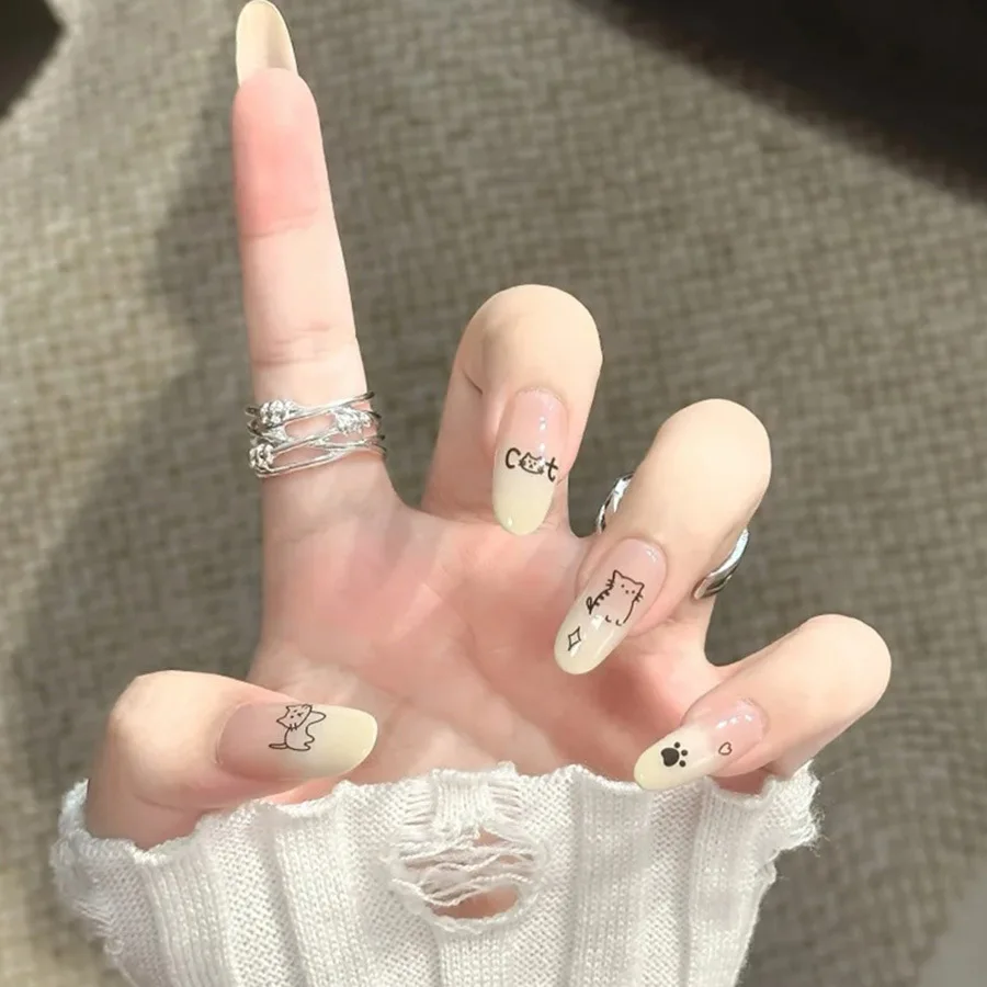 24개 네일 팁 귀여운 고양이 프레스온 아크릴 네일 중간 길이 스티커형 네일 여성용 인조 손톱 도구 포함 네일 세트