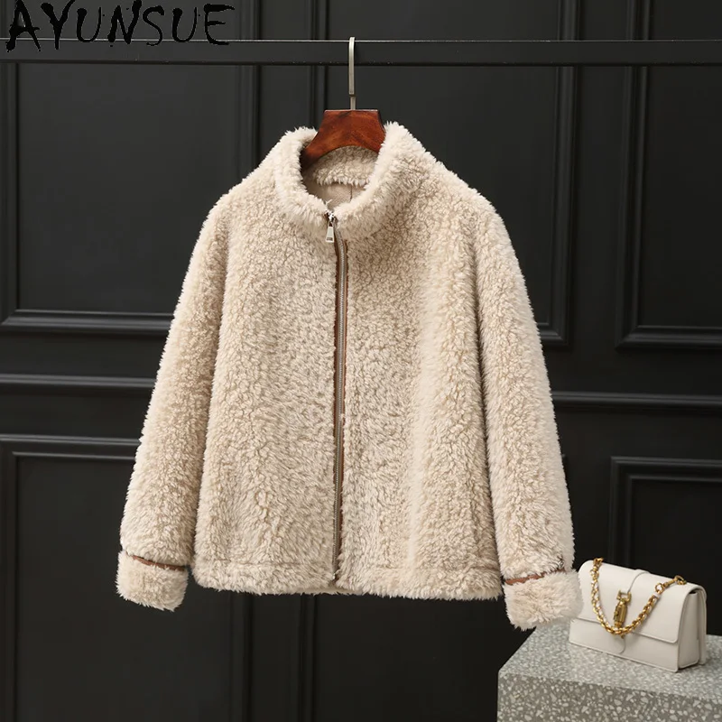 AYUNSUE 100% Real Wool Coat Women Grain Sheep Shearling Jackets Woman Short Style Autumn Clothes Composite Fur Пальто Женское