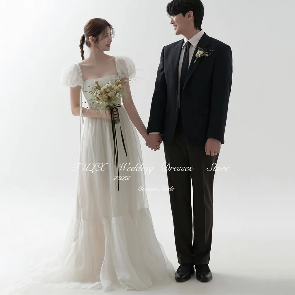 

TULX Ivory Tulle Wedding Dress Photo Shoot Square Collar Puff Sleeves Floor Length Corset Korea Bridal Gowns 웨딩드레스 Customized