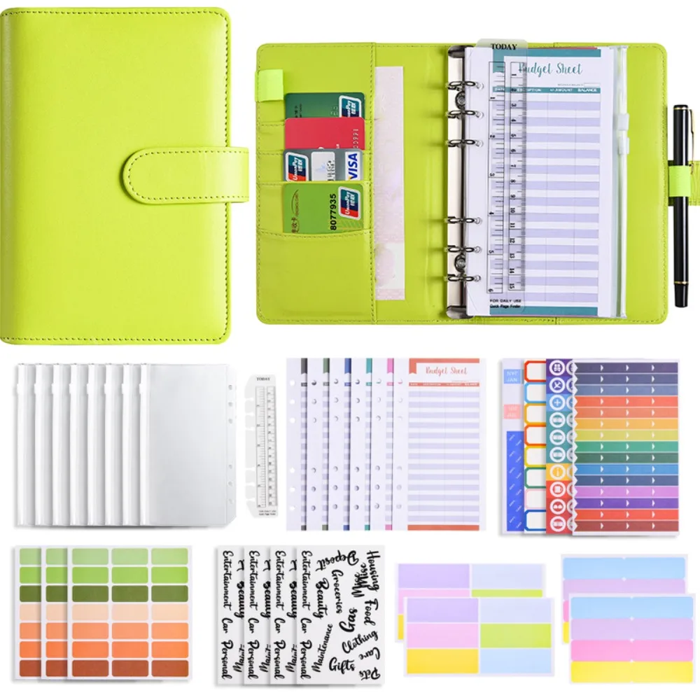 Libro mayor A6 de presupuesto de efectivo, botón magnético, cuaderno de hojas sueltas de Color macarrón con etiquetas de índice, etiquetas autoadhesivas de colores en espiral