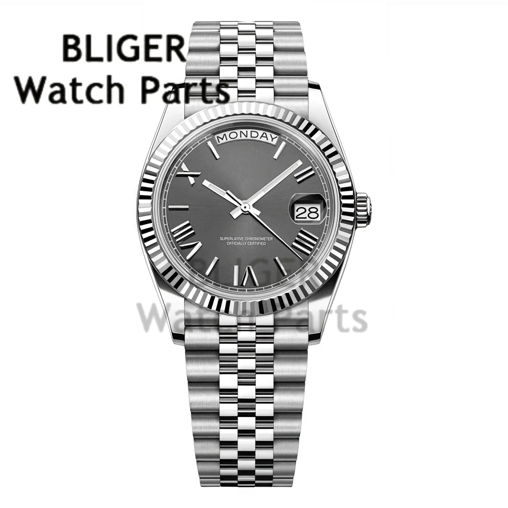 BLIGER ミヨタ 8285 機械式 メンズ 36mm/39mm 曜日表示 腕時計 プレジデント ストラップ スチール ダイバー 高級 ゴールドウォッチ メンズ