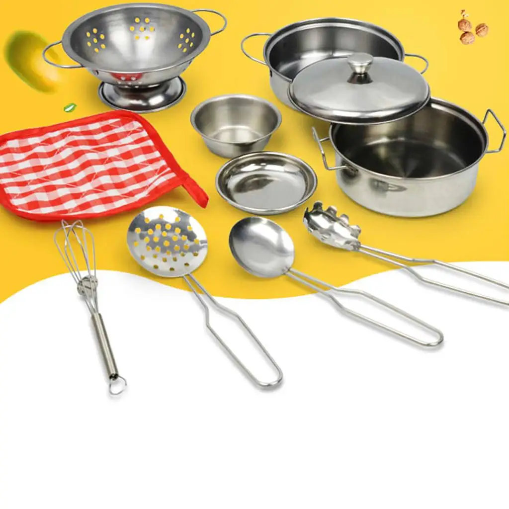 Jouets de simulation 10 pièces, ensemble d'ustensiles de cuisine, outils de cuisine en acier inoxydable, jouets éducatifs pour enfants