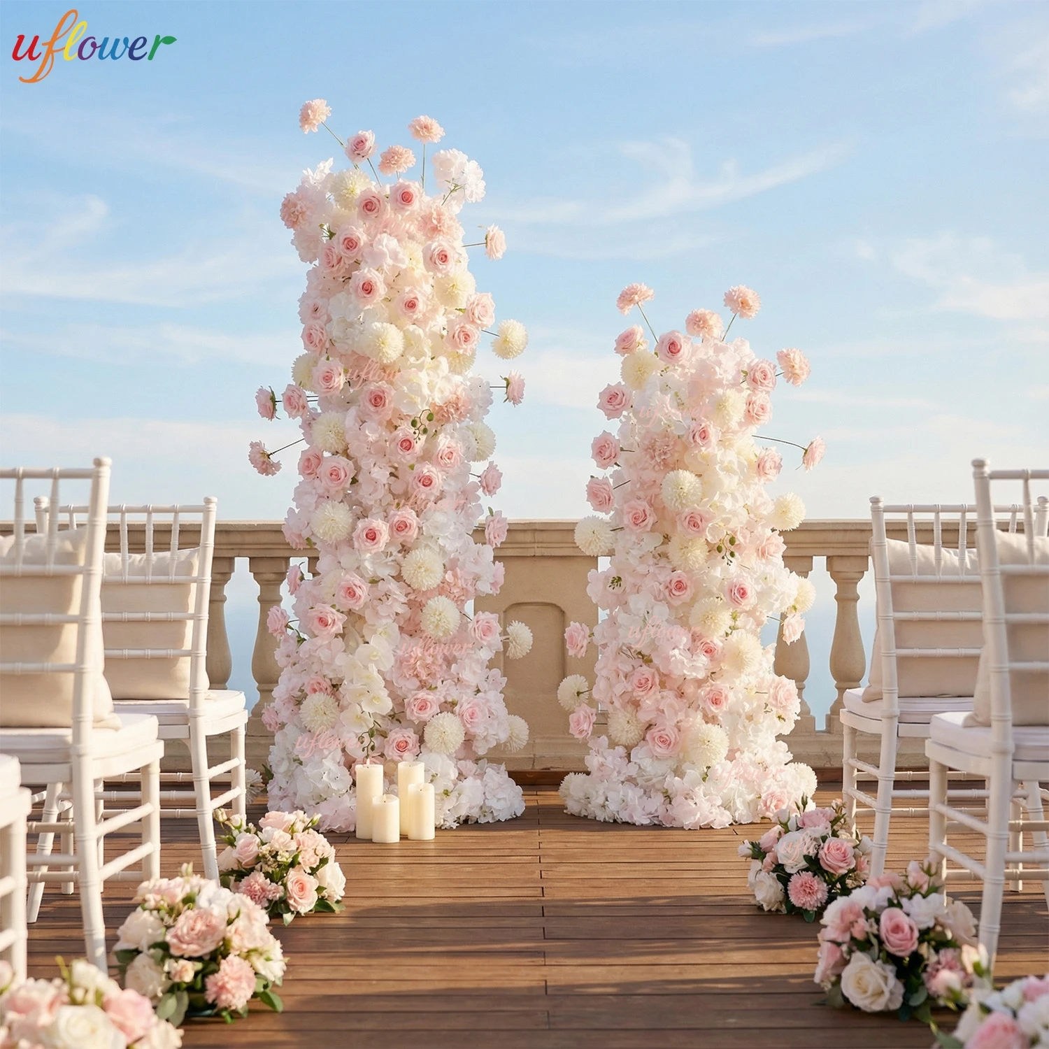 

Uflower Pink Rose Orchid Pompom Flower Row Wedding Decoration Party Backdrop Horn Arch Frame Floral Arrangement Window Display