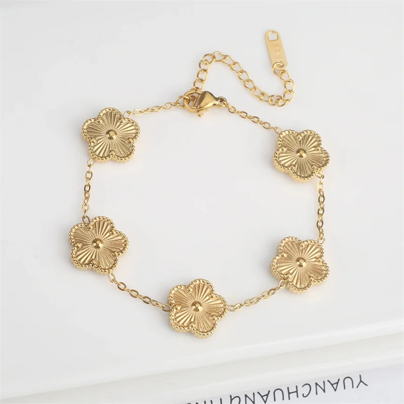 Double Sided Plum Blossom Plant Five Leaf Flower Adjustable Bracelet Stainless Steel Luxury Women's Clover Bracelets