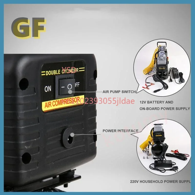 Portable Dual-Cylinder Air Pump（12V/220V Car Tire Inflator, Silent Oil-Free Air Compressor, Auto Start-Stop）