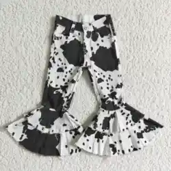 Fashion Cow Print Baby Girl New Denim Bell Bottom Kids Boutique Children Toddler Flared Pants Double Lace Pocket Wholesale Jeans