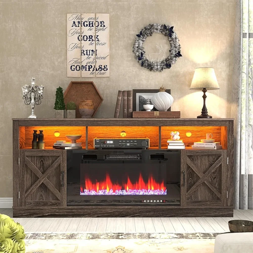 Farmhouse Fireplace TV Stand for 70/75/80 Inch TV, 32”Tall Entertainment Center w/ 36”Electric Fireplace & LED Light.