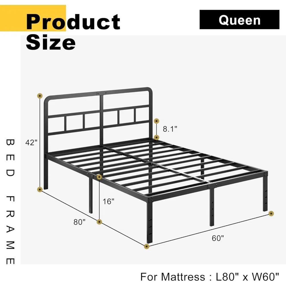 إطار سرير كوين معدني قوي مع لوح رأسي، لا يتطلب صندوق زنبركي، سرير بمنصة شديدة التحمل مع شرائح فولاذية لمستلزمات المراتب