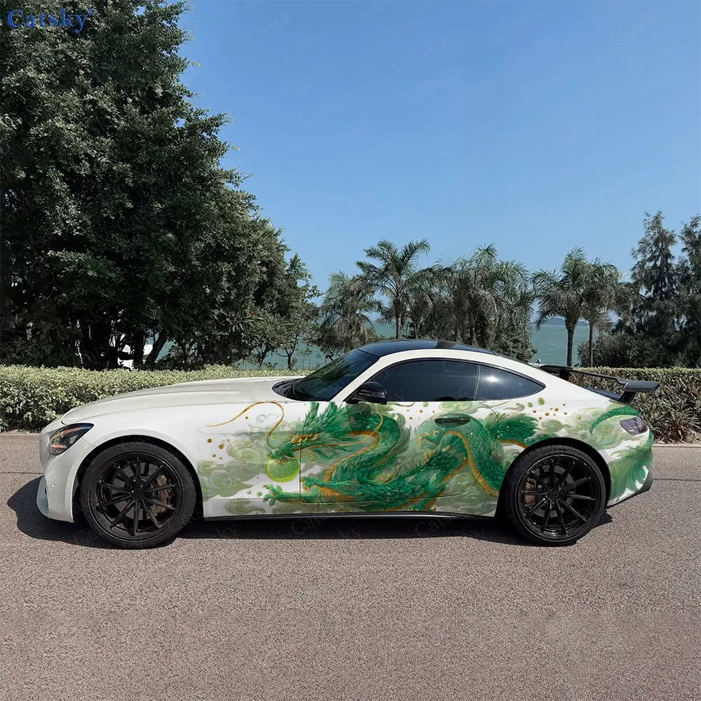 2pcs Gilded Dragon Glowing Green Orb Car Side Wrap, Self-Adhesive PVC Waterproof & Scratch-Resistant Sticker, Car Accessory Gift