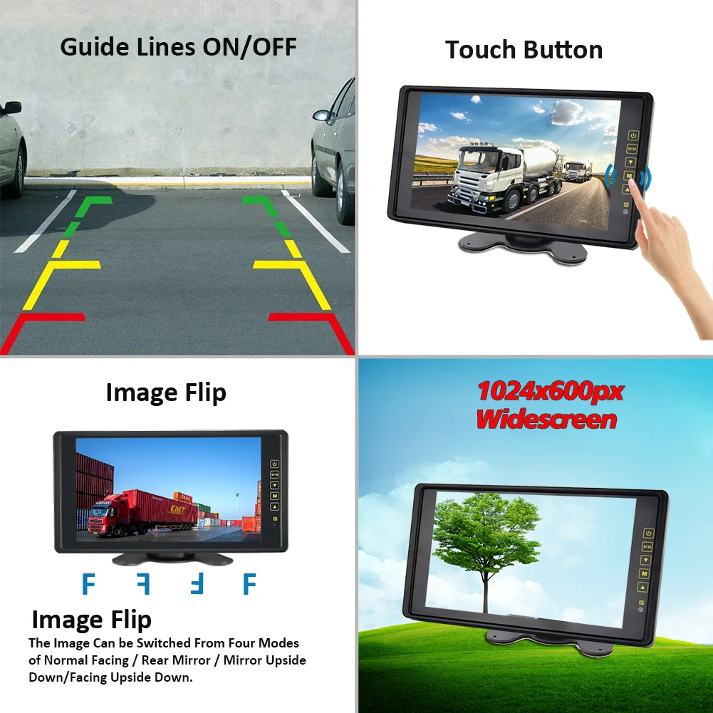 JIEPIE-TFT LCD مرآة الرؤية الخلفية مراقب ، داش مراقب ، عريضة للمقطورات ، قافلة ، شاحنة ، RVs ، 9 "، DC9-36V ، 4 دبوس التوصيل ، 1024x600