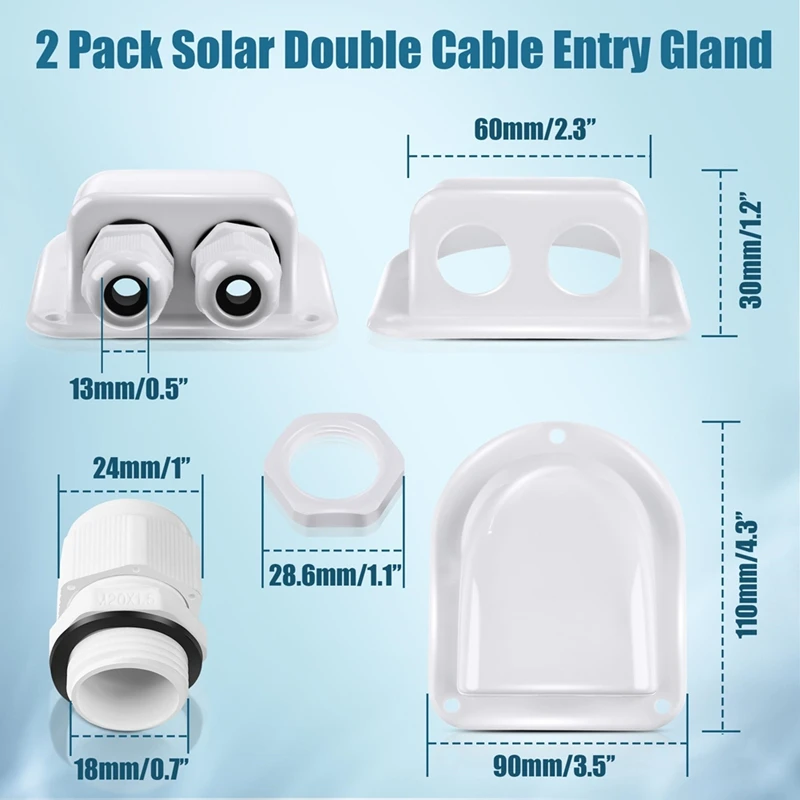 2 Pack Solar Cable Entry Gland,Solar Gland, Dual Cable Entry Housing for All Types 3mm² to 10mm² RV,Caravan,Marine White-A23R