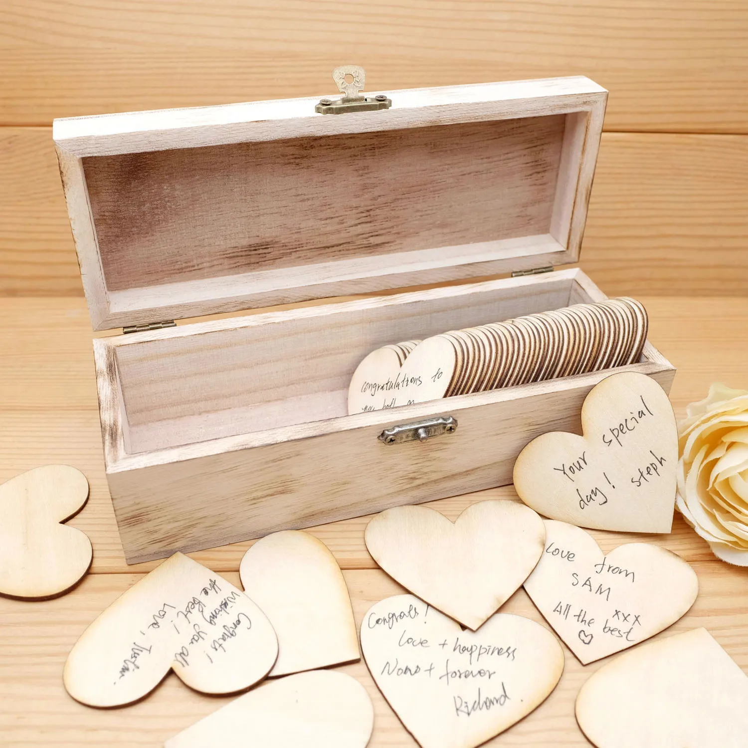 Custom Wedding Guestbook With Hearts Signatures Personalized Guest Book Alternative Wooden Keepsake Box Engraved Your Names&Date