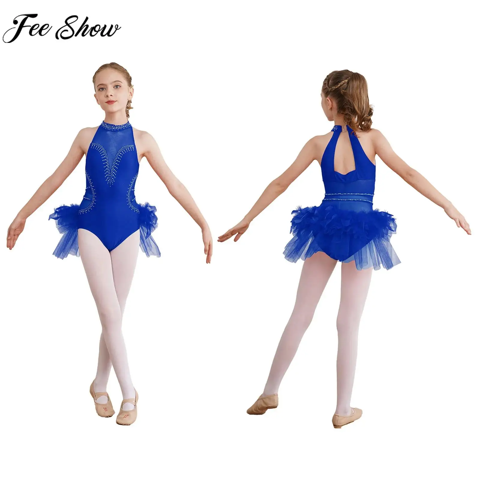 Children Girls Ballet Dance Gymnastics Leotard Figure Skating Costume Latin Tango Dancewear Sleeveless Sheer Mesh Tutu Bodysuit