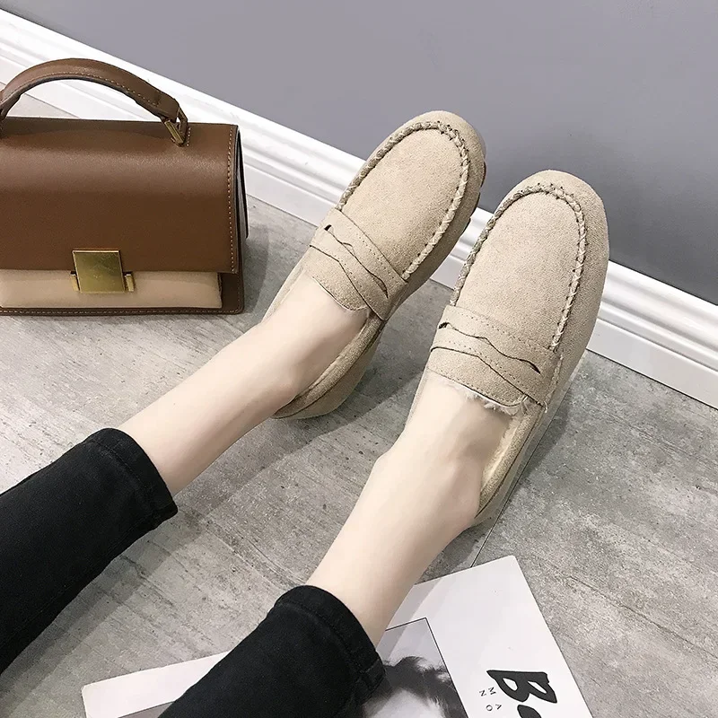 2024 Winter Women Shoes Comfortable Flats Loafers Short Flock Sewing Casual Ladies Non-Slip Bottom Warm Women Oxford Loafers