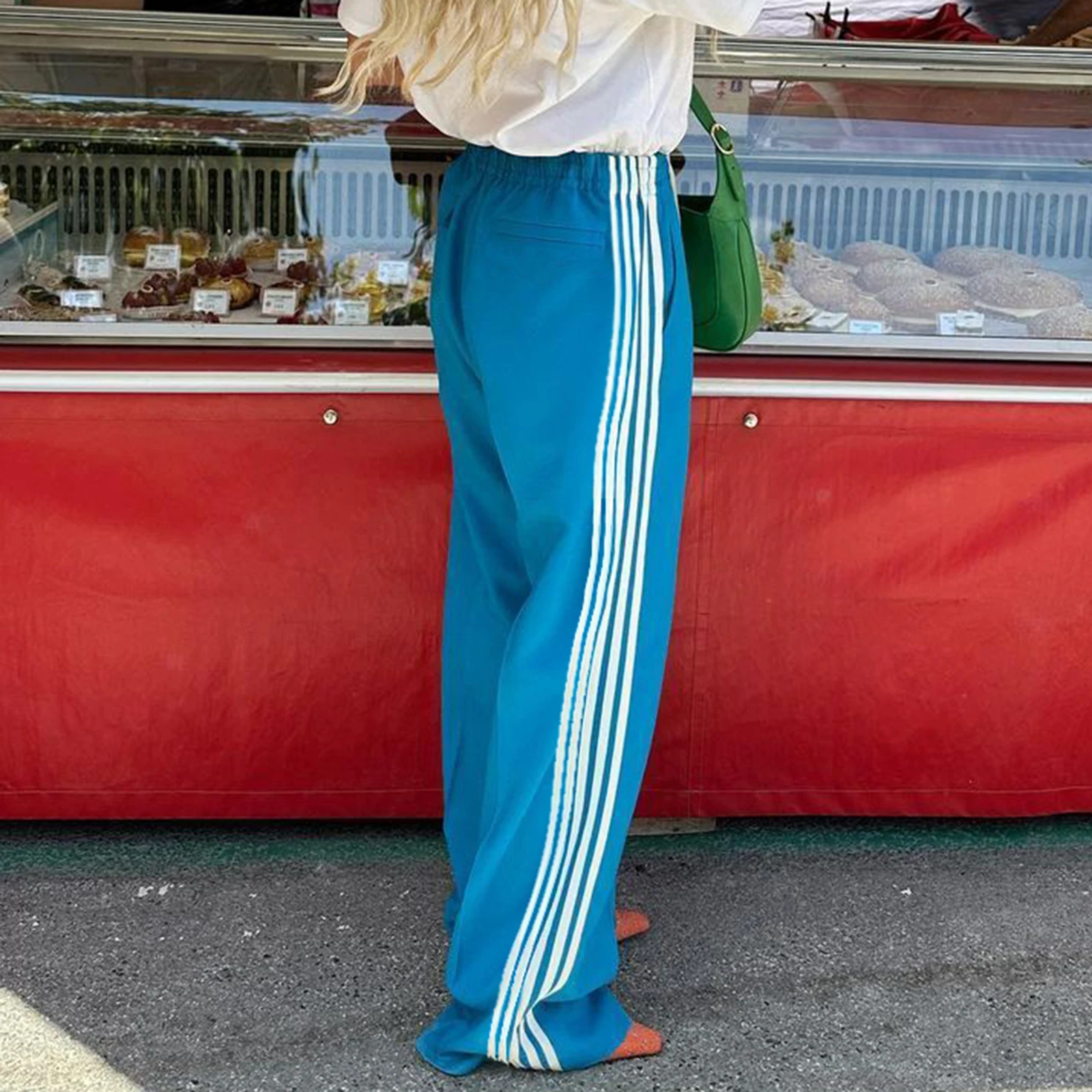 Women's Striped Pants Loose Elastic Waist Drawstring Straight Leg Casual Sweatpants with Pockets Y2K Vintage Streetwear