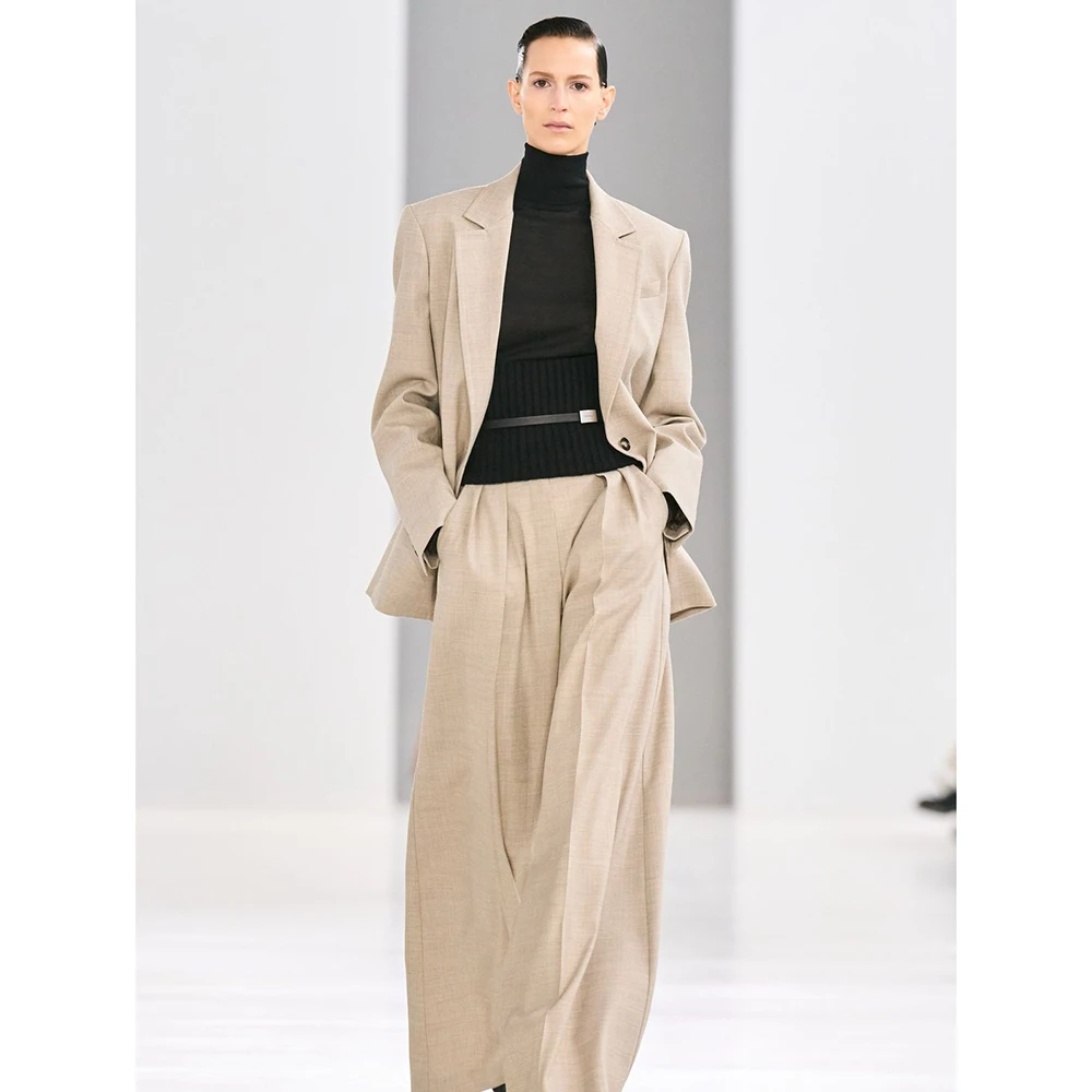 High Quality Women's Light Beige Single-Botton Suit 2 Piece Jacket Pant Set Notch Lapel Loose Fit Office Buisness Female Outfit