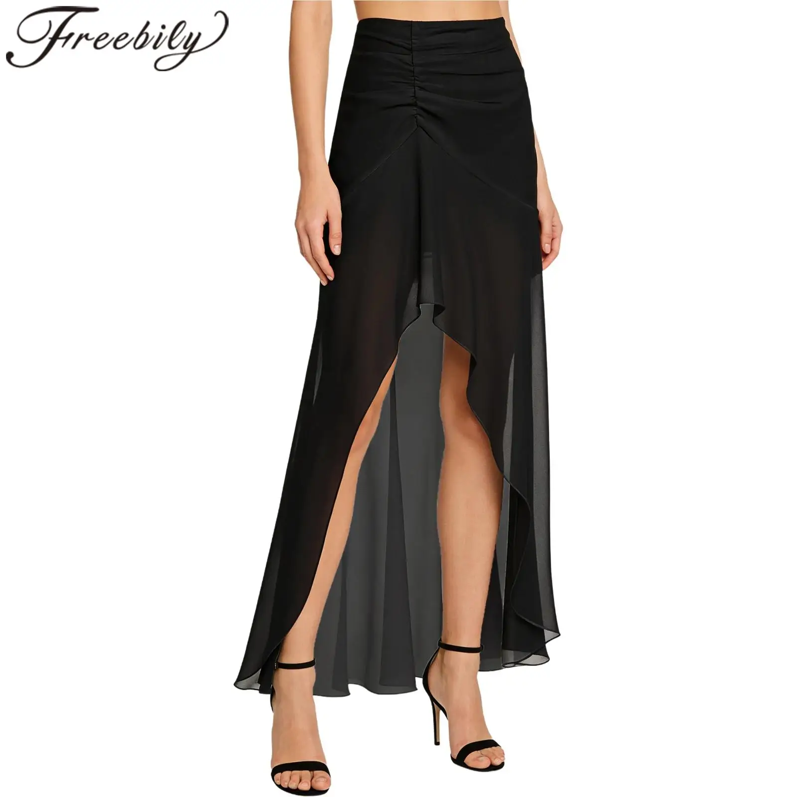 

Женская пляжная юбка, элегантная женская шифоновая юбка в стиле бохо, высокая талия, рюшами, макси-юбка с высоким и низким подолом для тропического отдыха, пляжная одежда