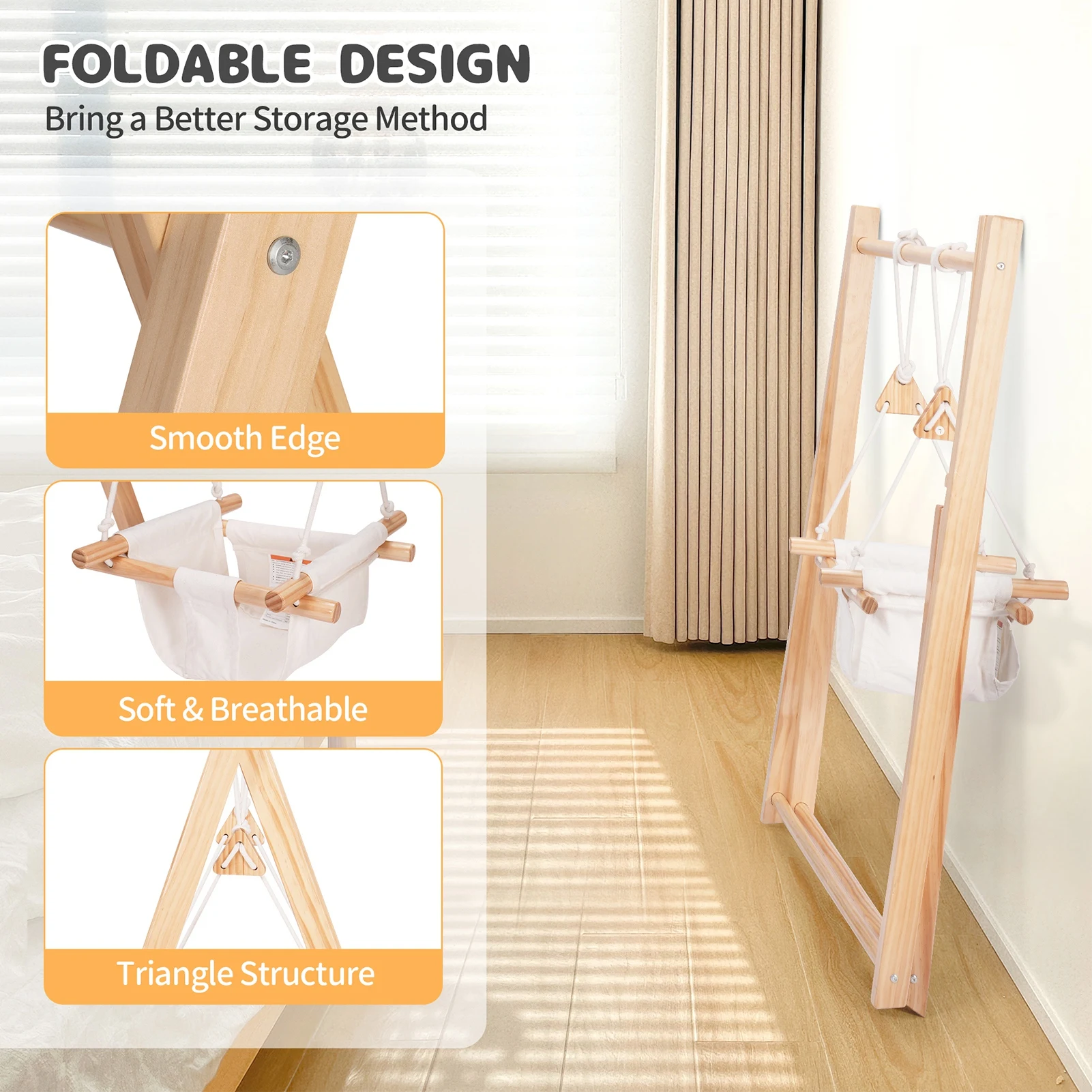 Balançoire pour tout-petits avec cadre en bois pliable et détachable, adaptée aux aire de jeux intérieure et extérieure et au parc