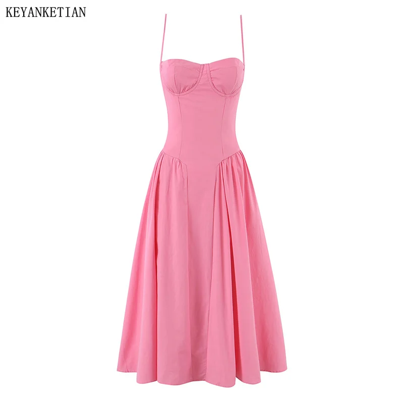 

KEYANKETIAN 2026 Summer New Woman Romantic Pink Bustier Midi Dress Spaghetti Strap Slim Fit Flared Hem with Back Zipper Cotton