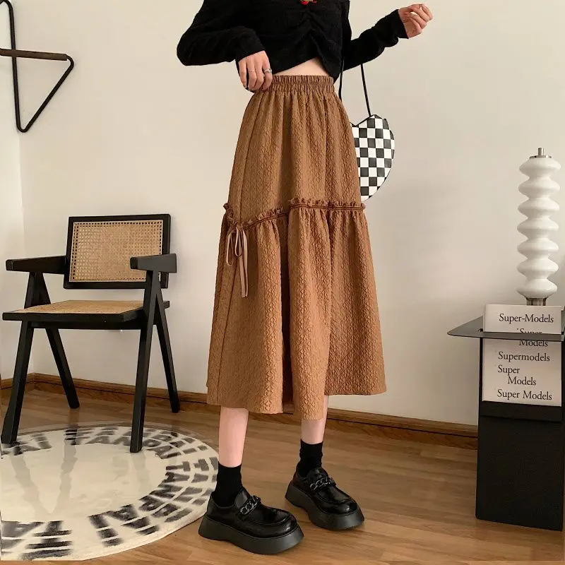 Biyaby Korean Elastic Waist Skirt Woman Autumn Winter Vintage High Waist A-Line Skirt Women Solid Thick Warm Long Skirts Lady