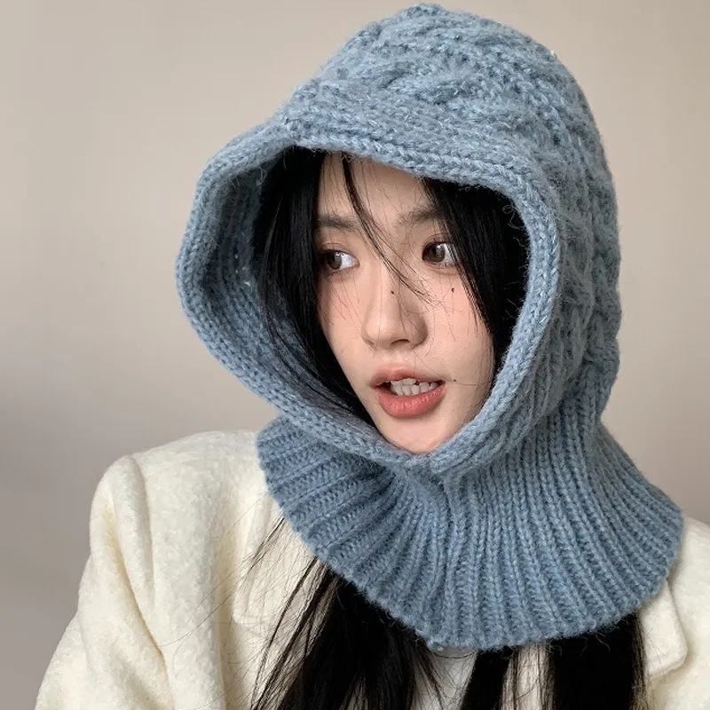 Korean Ins Twist Balaclava Knitted Hat Pullover Hat Women Winter Scarf Hat One Integrated Warm Neck Protection Beanies Wholesale