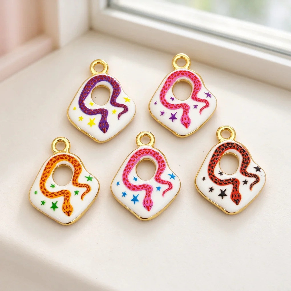 3 Pcs Pendants Brass Enamel Irregular Hollow Single Sided Colorful Snake Star Print Charms for DIY Jewelry Necklace Accessories