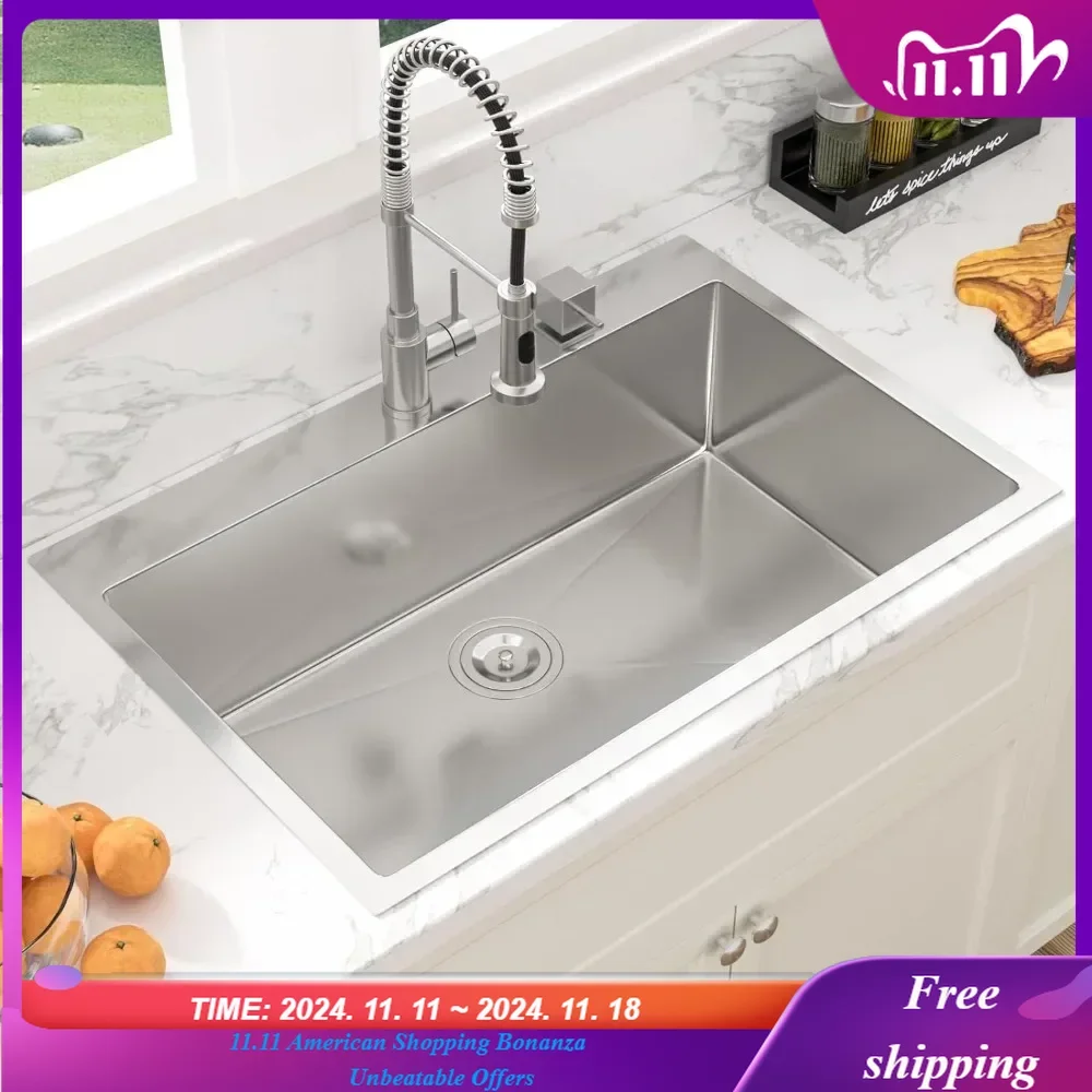 33 Kitchen Sink Drop In - Sarlai 33 x 22Inch Kitchen Sink Topmount 16 Gauge Stainless Steel Deep Single Bowl Above Counter Basin