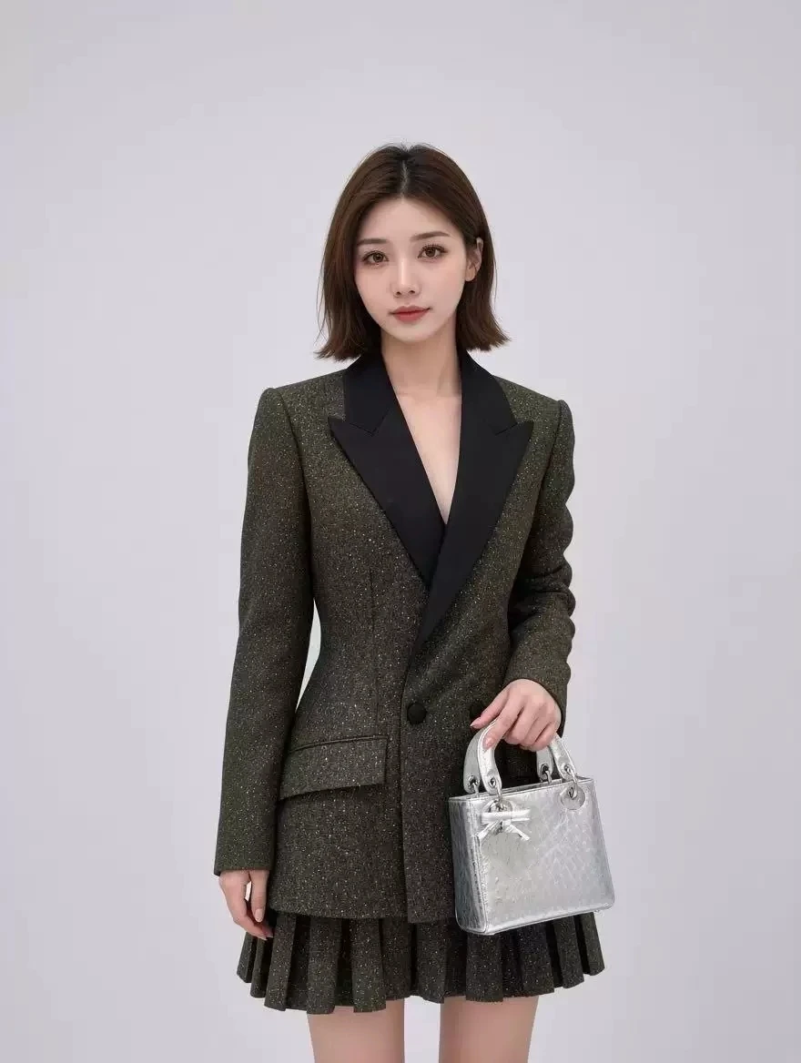 Women Premium Green Wool Two Piece Suit Tuxedo Lapel Slim Blazer Pleated Mini Skirt Set Elegant Sparkly Tweed Formal Outfit