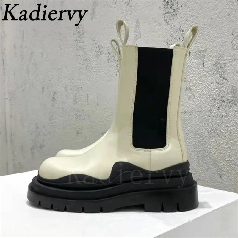 Thick Sole Chelsea Boots Women Slip-On Mid Calf Boots High-Quality Real Leather Shoes Classic Platform Motorcycle Boots Women