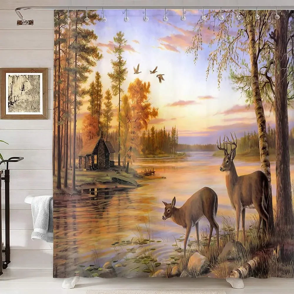 Elk Shower Curtain Animals Theme Deer Safair In Stream River At Forest Sunset Shower Curtain Fabric Bathroom Decor Curtains