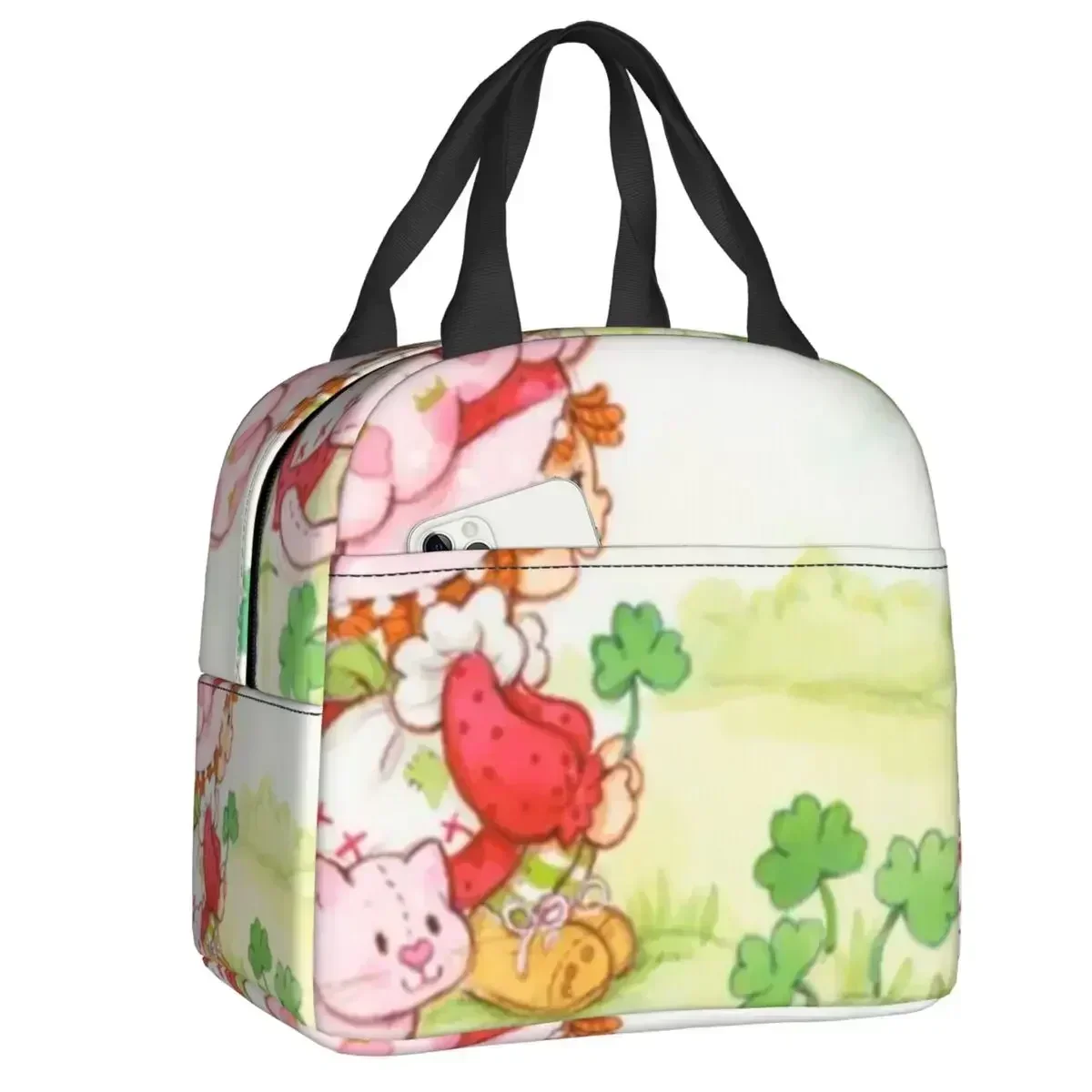 Strawberry Shortcake And Cat Thermal Insulated Lunch Bags Women Resuable Lunch Tote for Outdoor Camping Travel Storage Food Box