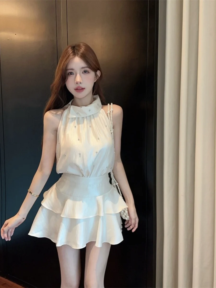 

Nana Summer Fashion Set Heavy Embellished Necklace Satin Dress Two-Piece Women's Ensemble round Neck French Style All Ages