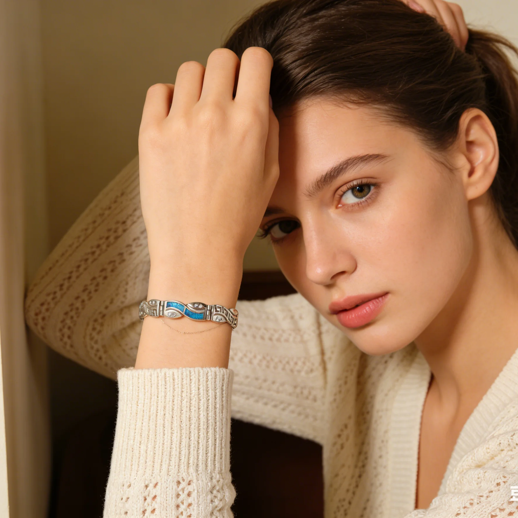 Blue Opal Inlay Bracelet with Greek Key Pattern – Vibrant Blue Gemstone Geometric Statement Band for Women Perfect Gift for Her