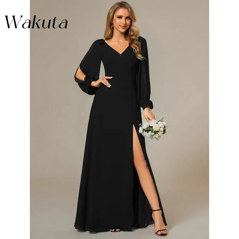 Wakuta Luxury V-Neck Full Sleeves Floor-Length Solid Evening Gown Long A-Line 2024 of Chiffon Bridesmaid Vestidos Elegante Mujer