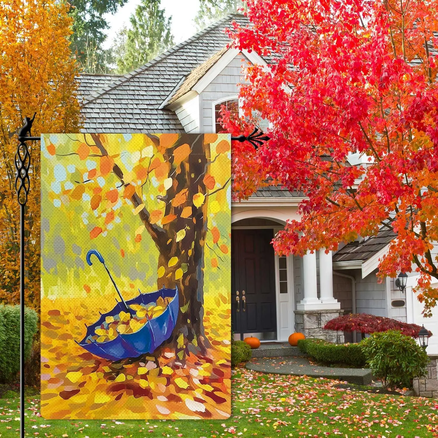 Autumn Umbrella Garden Flag Fall Tree Leaves Garden Flag Vertical Double Sided Rustic Farmland Burlap Yard Lawn Outdoor Decor 12