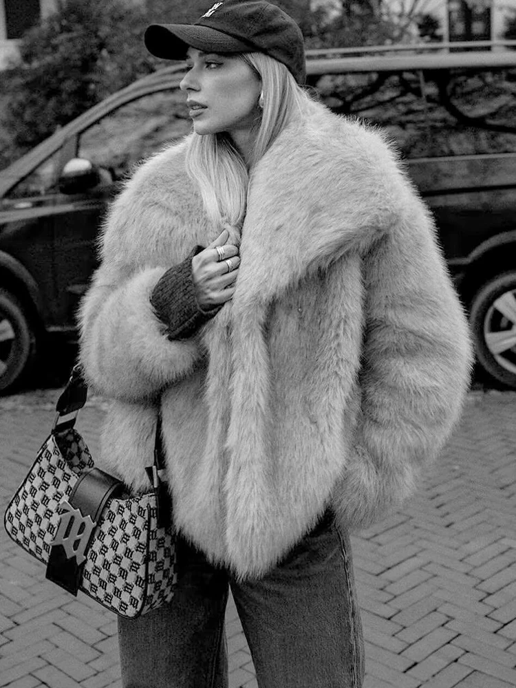 TRAF 2024 Women Fashion Warm Faux Fur Jacket Coat Female Pocket Outerwear Chic Lapel Collar Thick Coat