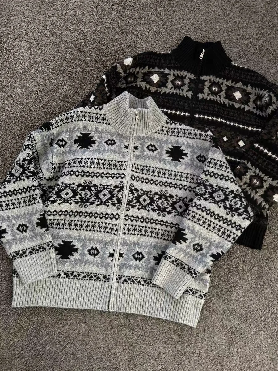 

Американский Sle Fair Isle вязаный открытый кардиган на молнии, мужской свободный свитер для пар, осень-зима, ленивый матч, ромбовидный узор