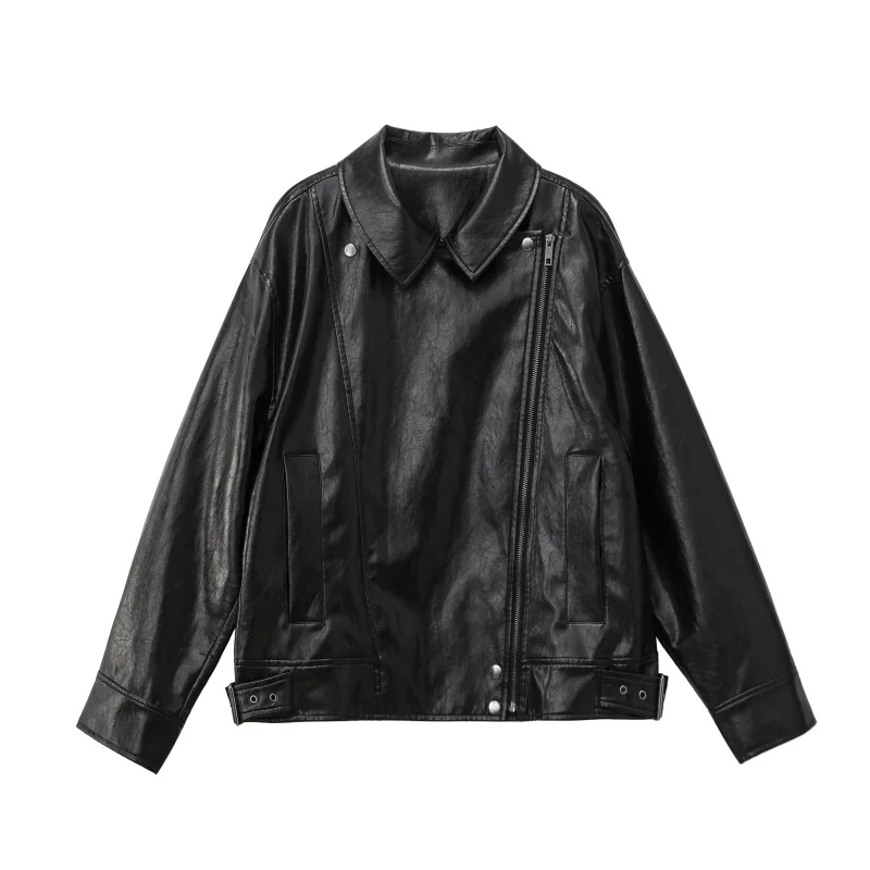 ของแท้ คุณภาพสูง ระดับไฮเอนด์ เสื้อแจ็คเก็ตหนังเทียมทรงหลวมสำหรับผู้หญิง รุ่นใหม่ปี 2026 สีดำ