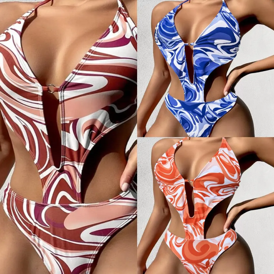 

Sexy Printed Bikini Hanging Neck One-piece Printed Swimsuit Thong Swimsuit Backless Hollowed Out Women's Vacation Swimsuit