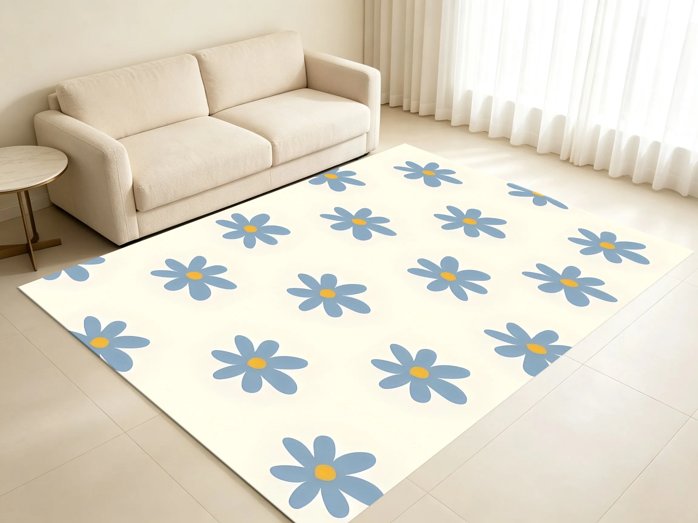 Hand-Painted Light Blue Daisy Velvet Rug, Creamy Style, Perfect for Spring, Suitable for Bedrooms, Nightstands, Living Rooms, and Coffee Tables Creates a Fresh, Soothing, and Warm Atmosphere.