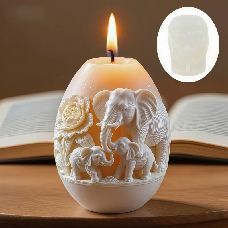 Elephant Relief Egg Shaped Candle Silicone Mold Elephant Mother Elephant Family Relief Egg Shaped Resin Silicone Mold