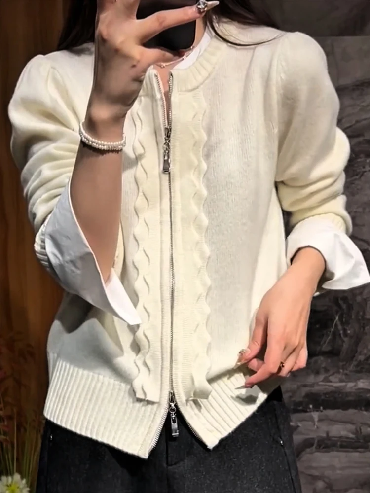 

Korean Sle round Ne Zipper Knitted Open Cardigan plus Size Slimming Versatile Top High End Feel Autumn Winter New Arrival