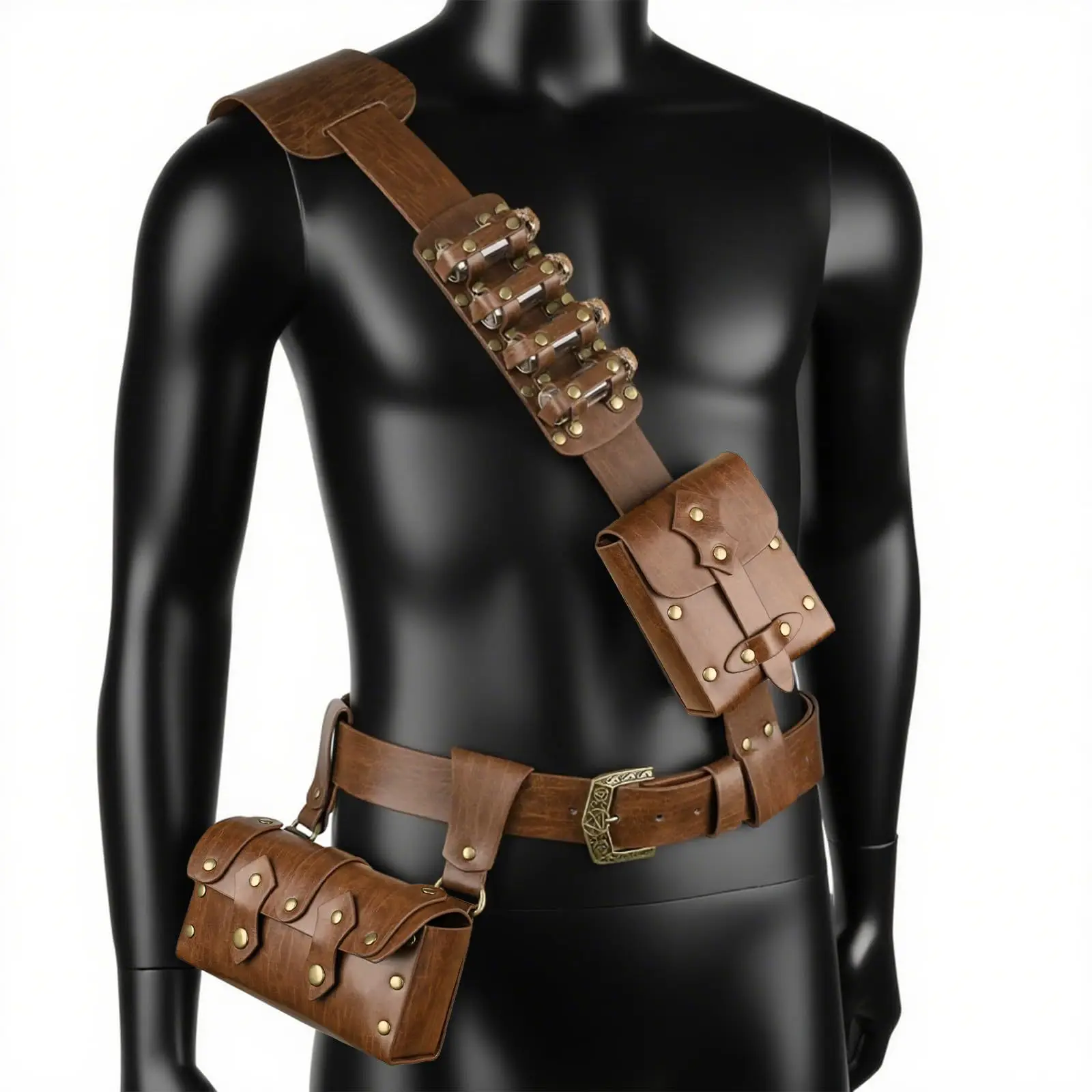 Steampunk Mittelalter Retro Punk Fanny Packs für Männer mit Trankflaschen Pu Leder Geldbörse Taille Tasche Hüftgürtel Tasche Cosplay Prop