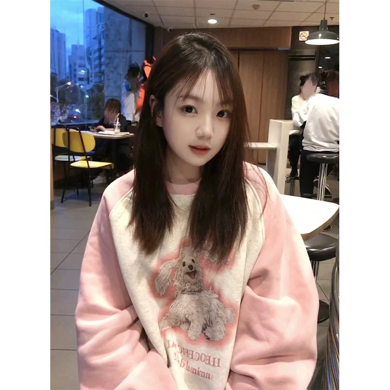 Felpa americana retrò rotonda Ne Dog oulder da donna autunno inverno oversize trendy taglia piccola Fce Thiened Top