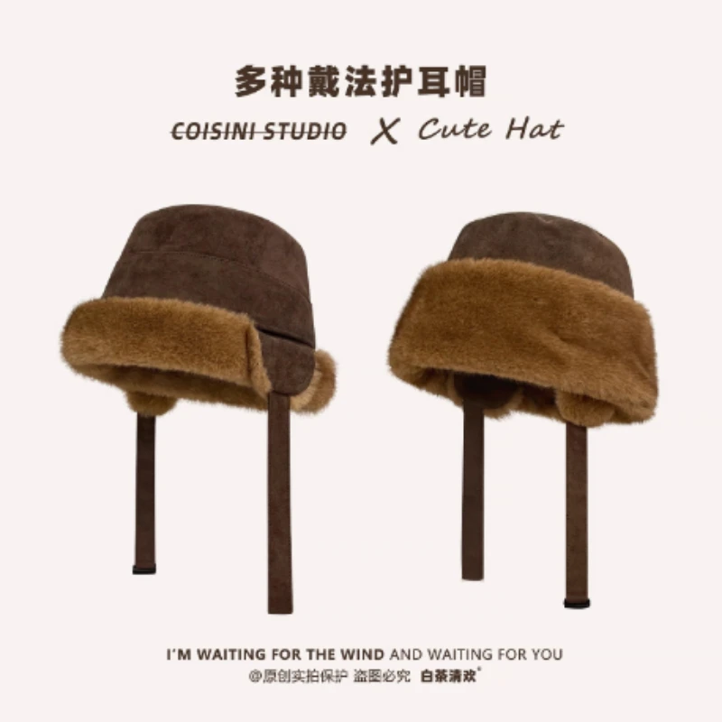 

Японская замшевая флисовая утолщенная панама с защитой ушей в стиле ретро для мужчин и женщин, зимние теплые летающие шапки-бомберы для отдыха на открытом воздухе