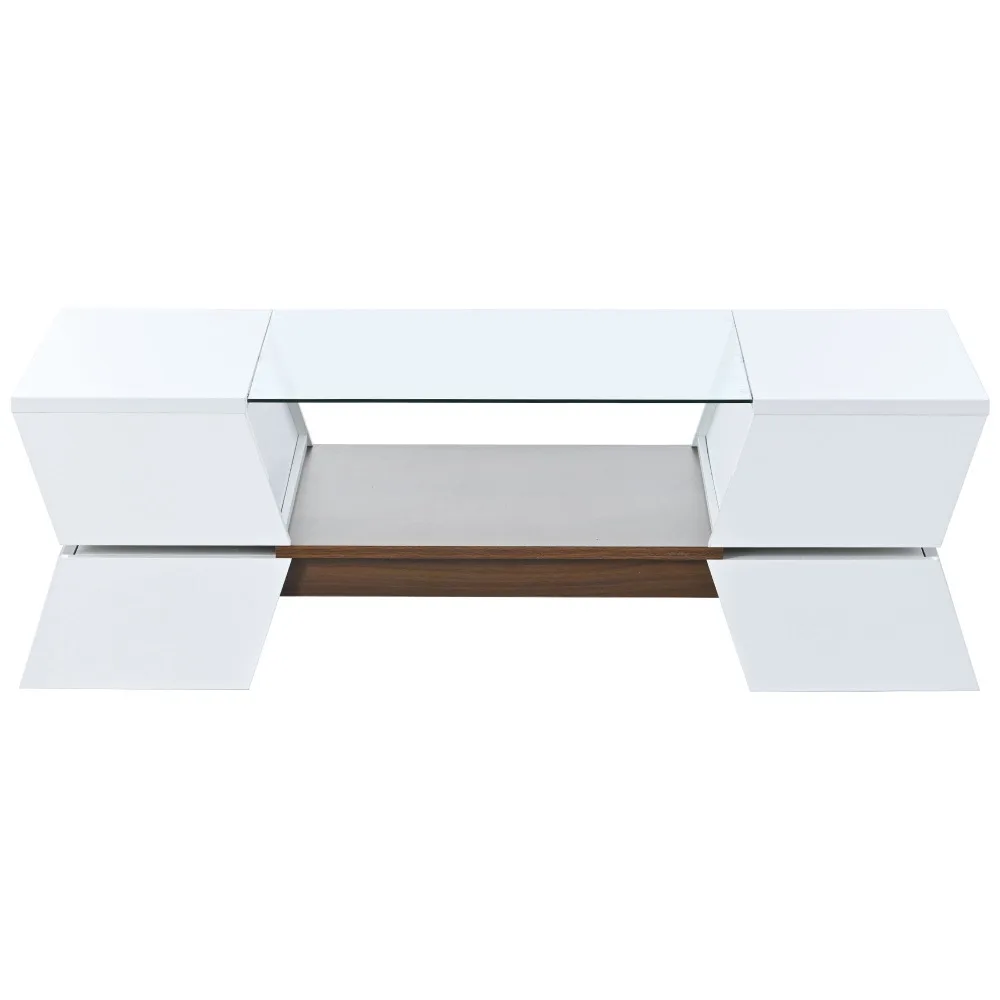 

6mm Glass-Top Coffee Table with Open Shelves and Cabinets, Modernist 2-Tier Center Table, White, Café Tables