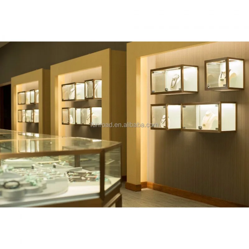 

Custom. hot sale wall mounted jewelry showcase glass display cabinet jewelry shop interior design jewelry store furniture