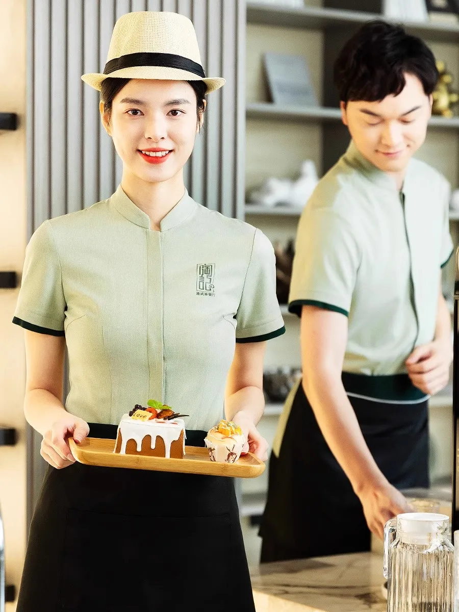 

2023 Fashion Summer Restaurant Waiter Short Sleeve Green Shirt+Apron+Pants Set Catering Shop Waitress Work Uniform Wholesales