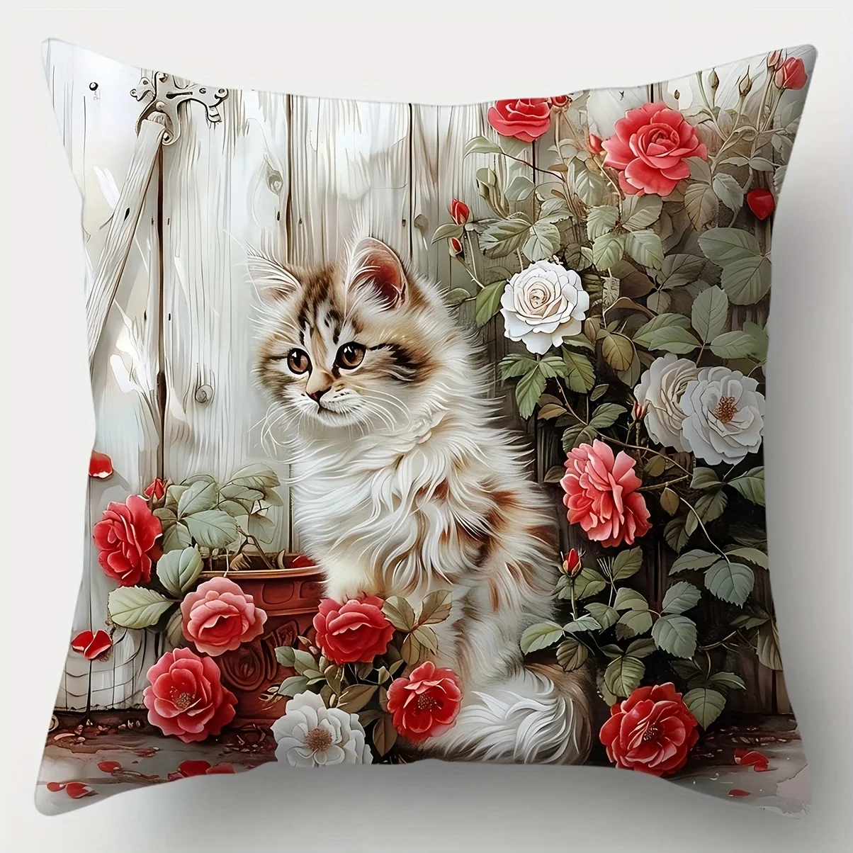 4PCS Set, Sofa Cushion Covers: Elegant Cat & Rose Pillow Cases, Home Decor, Lumbar Support Pillow Covers, Insert Not Included