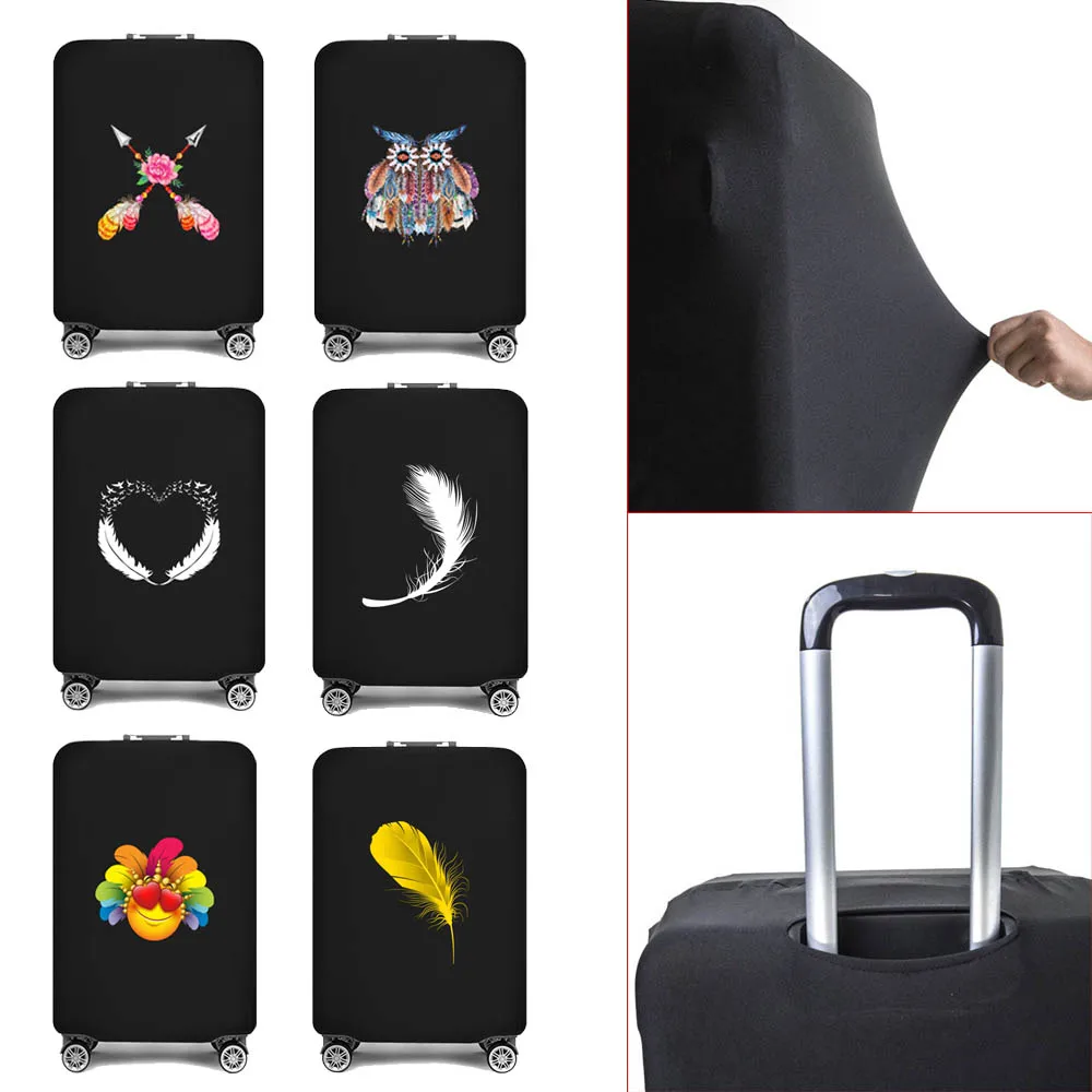 Luggage Cover Apply 18-32 Inch Suitcase Protective Covers Travel Accessories Feather Print Baggage Black Elastic Dust Case Cover